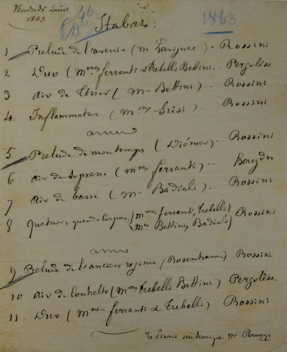 Concertprograme in Rossini’s handwriting for a performance on Good Friday 1863. Rossini mentions the names of the performers. He programs a few pieces by Haydn and Pergolesi but gives his music a clear preference. FEM-085.